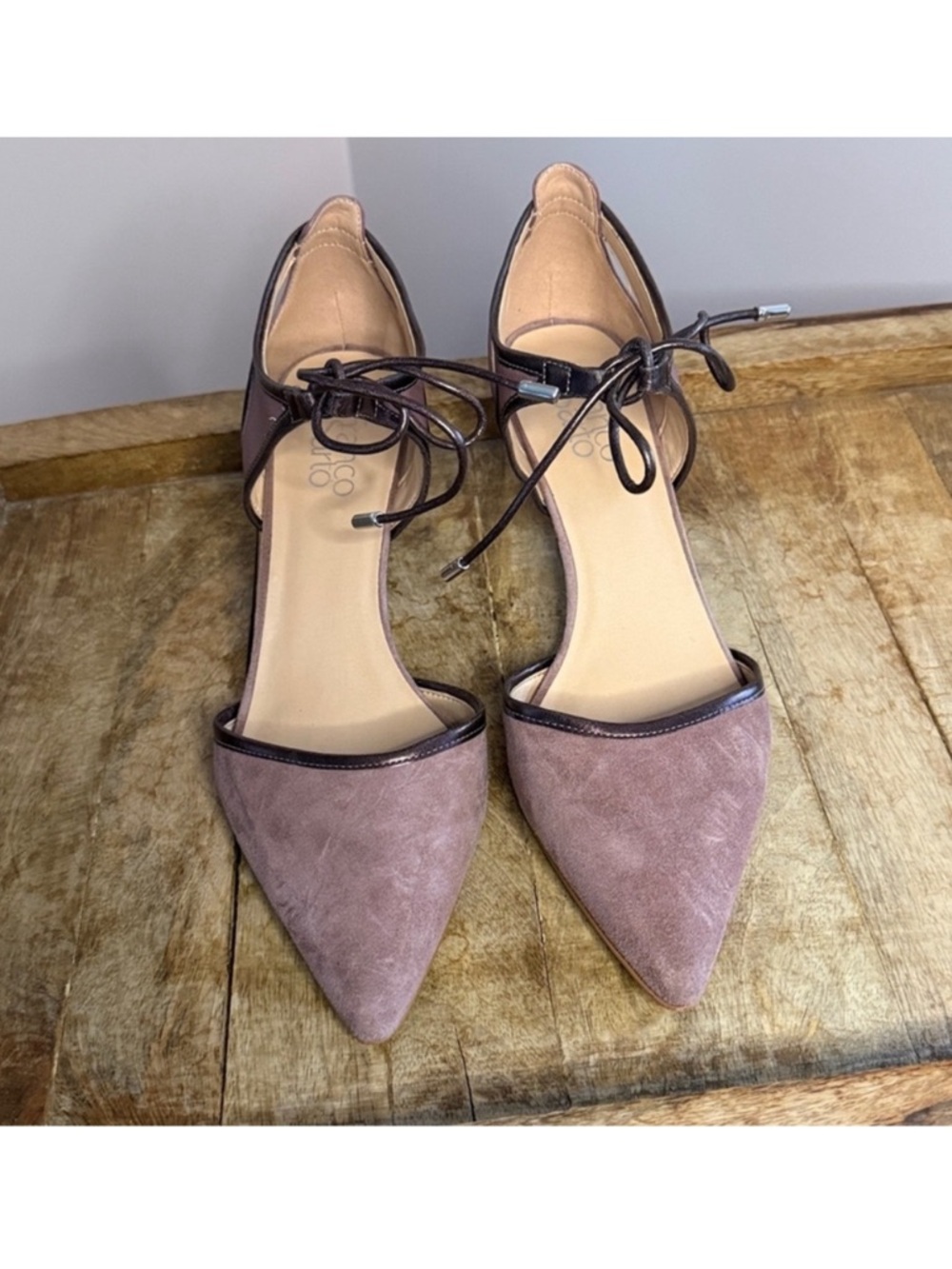 Franco Sarto Mauve Suede Pointed Toe Heels Size 10 Ankle Tie 3” Pump Lace Up - Picture 2 of 6